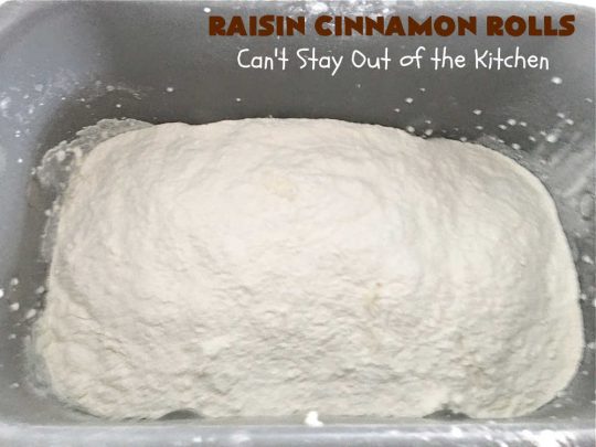Raisin Cinnamon Rolls | Can't Stay Out of the Kitchen | this vintage #recipe is made easier by mixing and raising the dough in the #breadmaker! Our favorite version of #CinnamonRolls have a luscious #ButtercreamFrosting over top. These #SweetRolls are perfect for a company, #holiday or weekend #breakfast. Everyone will want seconds. Great the next day, too. #raisins #cinnamon #HolidayBreakfast #MothersDay #Easter #RaisinCinnamonRolls