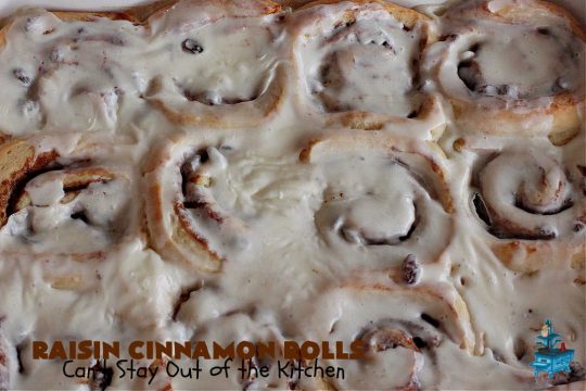 Raisin Cinnamon Rolls | Can't Stay Out of the Kitchen | this vintage #recipe is made easier by mixing and raising the dough in the #breadmaker! Our favorite version of #CinnamonRolls have a luscious #ButtercreamFrosting over top. These #SweetRolls are perfect for a company, #holiday or weekend #breakfast. Everyone will want seconds. Great the next day, too. #raisins #cinnamon #HolidayBreakfast #MothersDay #Easter #RaisinCinnamonRolls