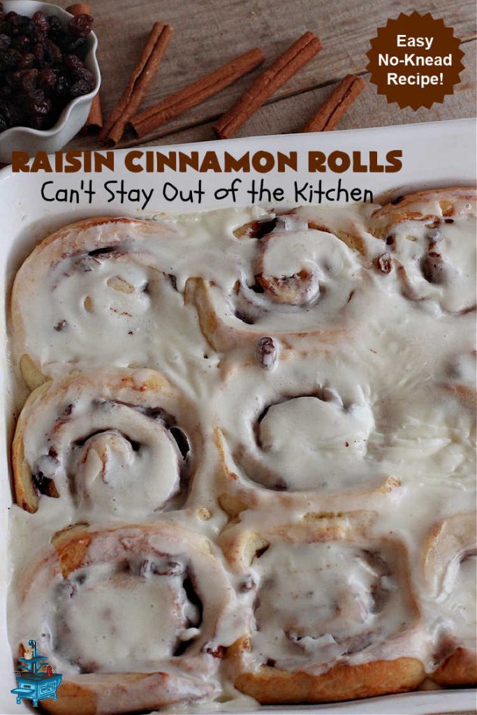 Raisin Cinnamon Rolls | Can't Stay Out of the Kitchen | this vintage #recipe is made easier by mixing and raising the dough in the #breadmaker! Our favorite version of #CinnamonRolls have a luscious #ButtercreamFrosting over top. These #SweetRolls are perfect for a company, #holiday or weekend #breakfast. Everyone will want seconds. Great the next day, too. #raisins #cinnamon #HolidayBreakfast #MothersDay #Easter #RaisinCinnamonRolls