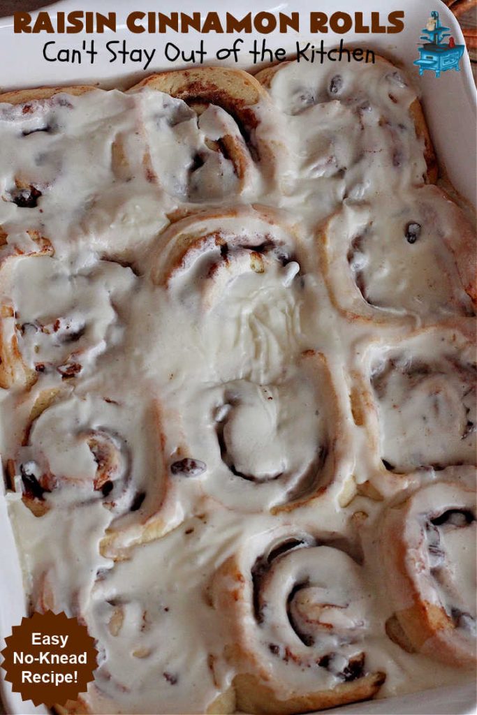 Raisin Cinnamon Rolls | Can't Stay Out of the Kitchen | this vintage #recipe is made easier by mixing and raising the dough in the #breadmaker! Our favorite version of #CinnamonRolls have a luscious #ButtercreamFrosting over top. These #SweetRolls are perfect for a company, #holiday or weekend #breakfast. Everyone will want seconds. Great the next day, too. #raisins #cinnamon #HolidayBreakfast #MothersDay #Easter #RaisinCinnamonRolls