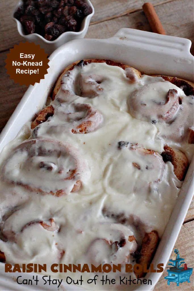 Raisin Cinnamon Rolls | Can't Stay Out of the Kitchen | this vintage #recipe is made easier by mixing and raising the dough in the #breadmaker! Our favorite version of #CinnamonRolls have a luscious #ButtercreamFrosting over top. These #SweetRolls are perfect for a company, #holiday or weekend #breakfast. Everyone will want seconds. Great the next day, too. #raisins #cinnamon #HolidayBreakfast #MothersDay #Easter #RaisinCinnamonRolls