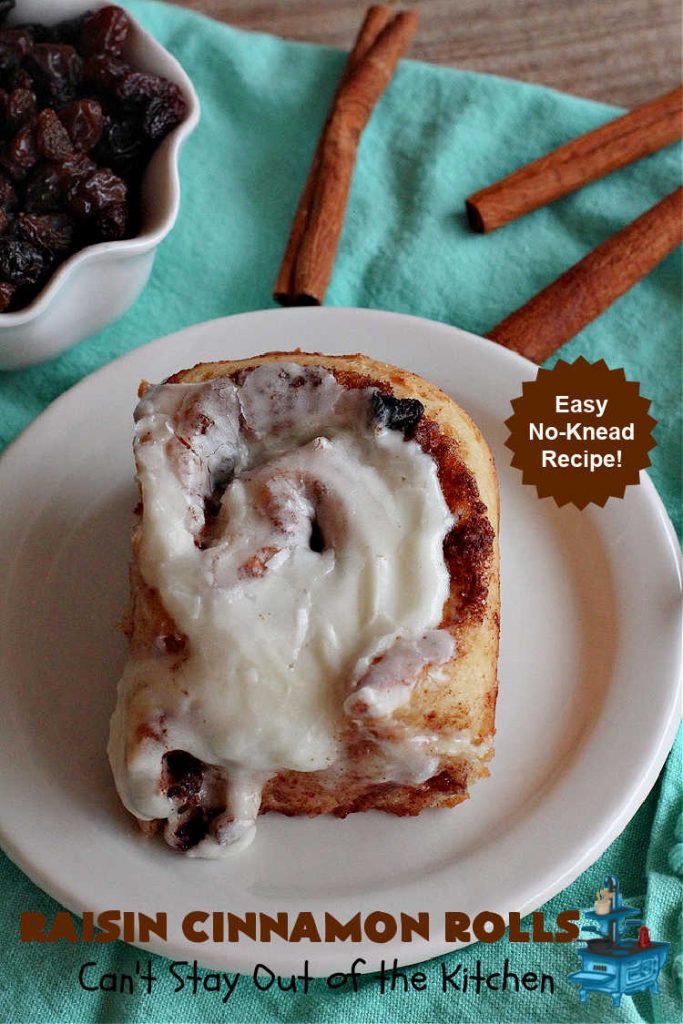 Raisin Cinnamon Rolls | Can't Stay Out of the Kitchen | this vintage #recipe is made easier by mixing and raising the dough in the #breadmaker! Our favorite version of #CinnamonRolls have a luscious #ButtercreamFrosting over top. These #SweetRolls are perfect for a company, #holiday or weekend #breakfast. Everyone will want seconds. Great the next day, too. #raisins #cinnamon #HolidayBreakfast #MothersDay #Easter #RaisinCinnamonRolls