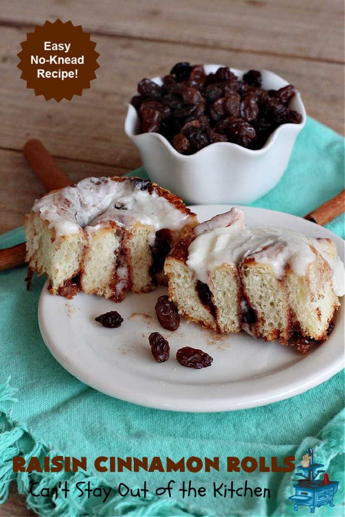 Raisin Cinnamon Rolls | Can't Stay Out of the Kitchen | this vintage #recipe is made easier by mixing and raising the dough in the #breadmaker! Our favorite version of #CinnamonRolls have a luscious #ButtercreamFrosting over top. These #SweetRolls are perfect for a company, #holiday or weekend #breakfast. Everyone will want seconds. Great the next day, too. #raisins #cinnamon #HolidayBreakfast #MothersDay #Easter #RaisinCinnamonRolls