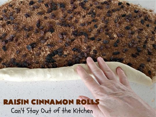 Raisin Cinnamon Rolls | Can't Stay Out of the Kitchen | this vintage #recipe is made easier by mixing and raising the dough in the #breadmaker! Our favorite version of #CinnamonRolls have a luscious #ButtercreamFrosting over top. These #SweetRolls are perfect for a company, #holiday or weekend #breakfast. Everyone will want seconds. Great the next day, too. #raisins #cinnamon #HolidayBreakfast #MothersDay #Easter #RaisinCinnamonRolls