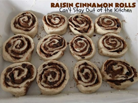 Raisin Cinnamon Rolls | Can't Stay Out of the Kitchen | this vintage #recipe is made easier by mixing and raising the dough in the #breadmaker! Our favorite version of #CinnamonRolls have a luscious #ButtercreamFrosting over top. These #SweetRolls are perfect for a company, #holiday or weekend #breakfast. Everyone will want seconds. Great the next day, too. #raisins #cinnamon #HolidayBreakfast #MothersDay #Easter #RaisinCinnamonRolls