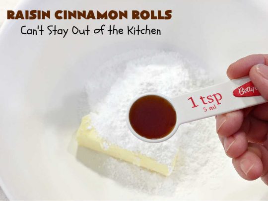 Raisin Cinnamon Rolls | Can't Stay Out of the Kitchen | this vintage #recipe is made easier by mixing and raising the dough in the #breadmaker! Our favorite version of #CinnamonRolls have a luscious #ButtercreamFrosting over top. These #SweetRolls are perfect for a company, #holiday or weekend #breakfast. Everyone will want seconds. Great the next day, too. #raisins #cinnamon #HolidayBreakfast #MothersDay #Easter #RaisinCinnamonRolls