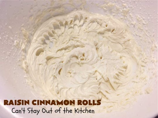Raisin Cinnamon Rolls | Can't Stay Out of the Kitchen | this vintage #recipe is made easier by mixing and raising the dough in the #breadmaker! Our favorite version of #CinnamonRolls have a luscious #ButtercreamFrosting over top. These #SweetRolls are perfect for a company, #holiday or weekend #breakfast. Everyone will want seconds. Great the next day, too. #raisins #cinnamon #HolidayBreakfast #MothersDay #Easter #RaisinCinnamonRolls