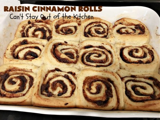 Raisin Cinnamon Rolls | Can't Stay Out of the Kitchen | this vintage #recipe is made easier by mixing and raising the dough in the #breadmaker! Our favorite version of #CinnamonRolls have a luscious #ButtercreamFrosting over top. These #SweetRolls are perfect for a company, #holiday or weekend #breakfast. Everyone will want seconds. Great the next day, too. #raisins #cinnamon #HolidayBreakfast #MothersDay #Easter #RaisinCinnamonRolls