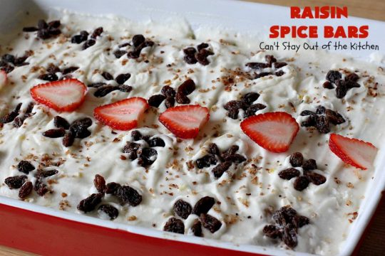 Raisin Spice Bars | Can't Stay Out of the Kitchen | these luscious #cookies are filled with #raisins & #pecans. Terrific #dessert any time of the year. They have a rich, #lemon buttercream icing. #brownie #RaisinSpiceBars #Tailgating #Holiday #HolidayDessert #ChristmasCookieExchange #SpiceCookies #RaisinCookies