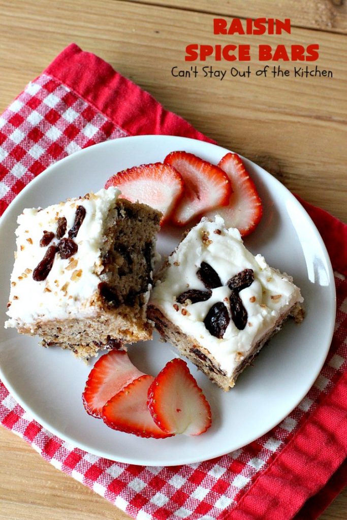 Raisin Spice Bars | Can't Stay Out of the Kitchen | these luscious #cookies are filled with #raisins & #pecans. Terrific #dessert any time of the year. They have a rich, #lemon buttercream icing. #brownie #RaisinSpiceBars #Tailgating #Holiday #HolidayDessert #ChristmasCookieExchange #SpiceCookies #RaisinCookies