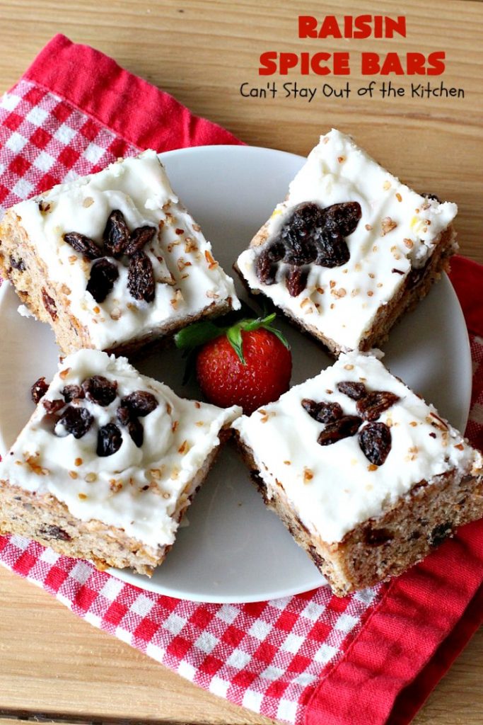 Raisin Spice Bars | Can't Stay Out of the Kitchen | these luscious #cookies are filled with #raisins & #pecans. Terrific #dessert any time of the year. They have a rich, #lemon buttercream icing. #brownie #RaisinSpiceBars #Tailgating #Holiday #HolidayDessert #ChristmasCookieExchange #SpiceCookies #RaisinCookies