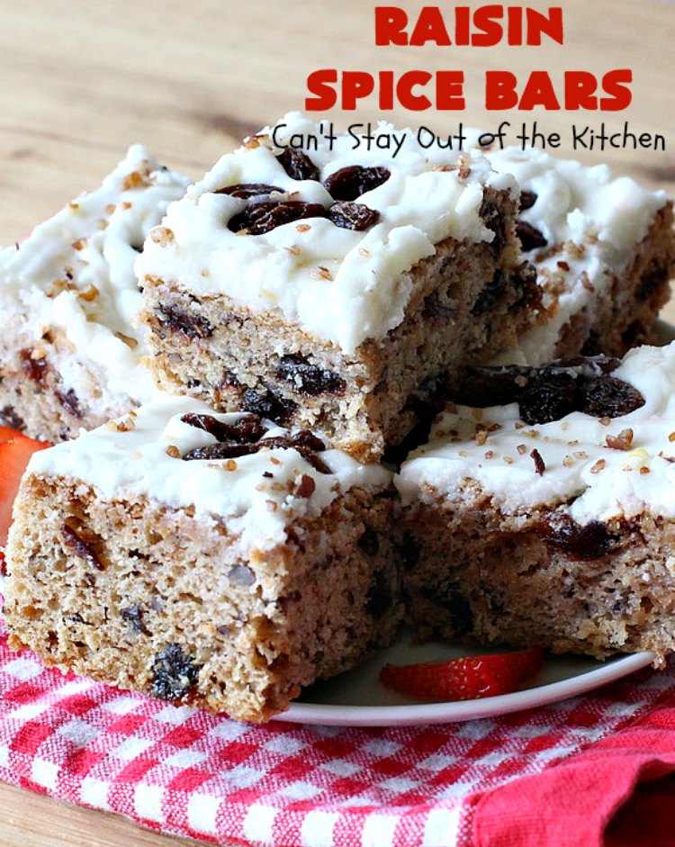 Raisin Spice Bars | Can't Stay Out of the Kitchen | these luscious #cookies are filled with #raisins & #pecans. Terrific #dessert any time of the year. They have a rich, #lemon buttercream icing. #brownie #RaisinSpiceBars #Tailgating #Holiday #HolidayDessert #ChristmasCookieExchange #SpiceCookies #RaisinCookies