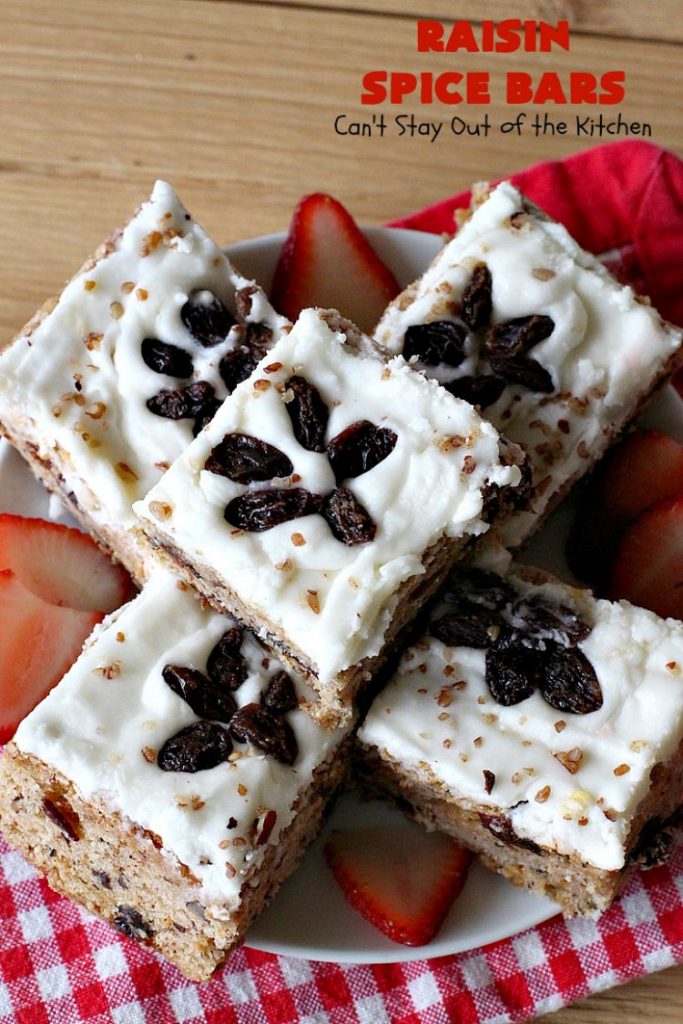 Raisin Spice Bars | Can't Stay Out of the Kitchen | these luscious #cookies are filled with #raisins & #pecans. Terrific #dessert any time of the year. They have a rich, #lemon buttercream icing. #brownie #RaisinSpiceBars #Tailgating #Holiday #HolidayDessert #ChristmasCookieExchange #SpiceCookies #RaisinCookies