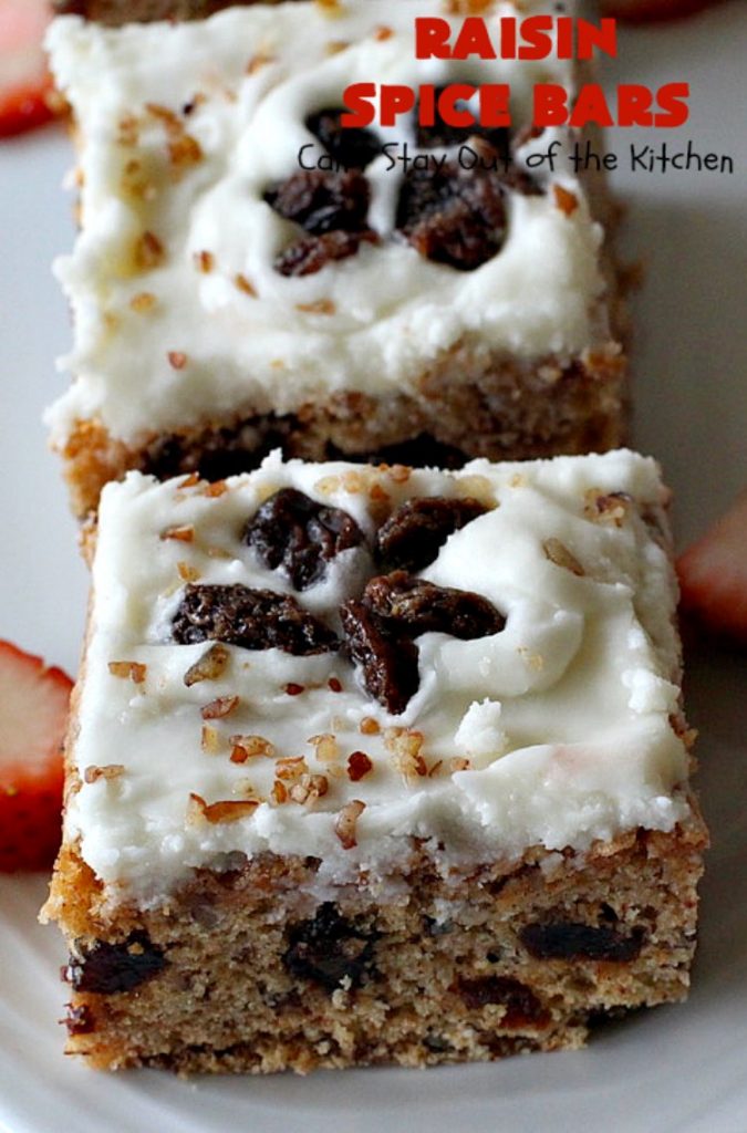 Raisin Spice Bars | Can't Stay Out of the Kitchen | these luscious #cookies are filled with #raisins & #pecans. Terrific #dessert any time of the year. They have a rich, #lemon buttercream icing. #brownie #RaisinSpiceBars #Tailgating #Holiday #HolidayDessert #ChristmasCookieExchange #SpiceCookies #RaisinCookies
