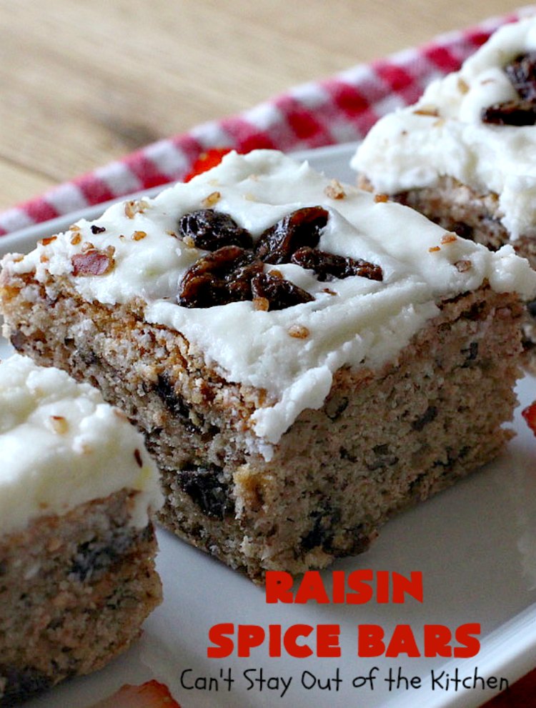 Raisin Spice Bars | Can't Stay Out of the Kitchen | these luscious #cookies are filled with #raisins & #pecans. Terrific #dessert any time of the year. They have a rich, #lemon buttercream icing. #brownie #RaisinSpiceBars #Tailgating #Holiday #HolidayDessert #ChristmasCookieExchange #SpiceCookies #RaisinCookies