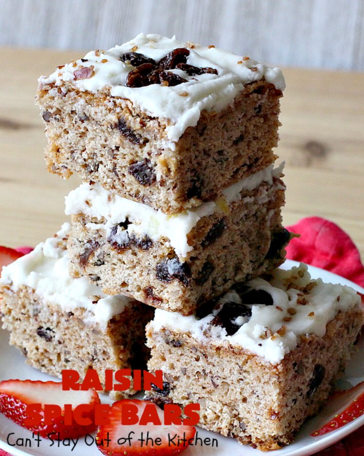 Raisin Spice Bars | Can't Stay Out of the Kitchen | these luscious #cookies are filled with #raisins & #pecans. Terrific #dessert any time of the year. They have a rich, #lemon buttercream icing. #brownie #RaisinSpiceBars #Tailgating #Holiday #HolidayDessert #ChristmasCookieExchange #SpiceCookies #RaisinCookies