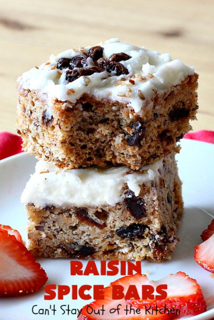 Raisin Spice Bars | Can't Stay Out of the Kitchen | these luscious #cookies are filled with #raisins & #pecans. Terrific #dessert any time of the year. They have a rich, #lemon buttercream icing. #brownie #RaisinSpiceBars #Tailgating #Holiday #HolidayDessert #ChristmasCookieExchange #SpiceCookies #RaisinCookies