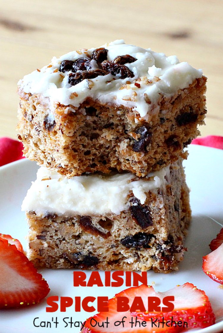 Raisin Spice Bars | Can't Stay Out of the Kitchen | these luscious #cookies are filled with #raisins & #pecans. Terrific #dessert any time of the year. They have a rich, #lemon buttercream icing. #brownie #RaisinSpiceBars #Tailgating #Holiday #HolidayDessert #ChristmasCookieExchange #SpiceCookies #RaisinCookies