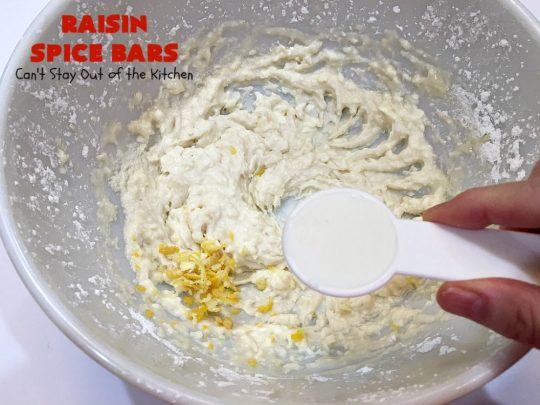 Raisin Spice Bars | Can't Stay Out of the Kitchen | these luscious #cookies are filled with #raisins & #pecans. Terrific #dessert any time of the year. They have a rich, #lemon buttercream icing. #brownie #RaisinSpiceBars #Tailgating #Holiday #HolidayDessert #ChristmasCookieExchange #SpiceCookies #RaisinCookies