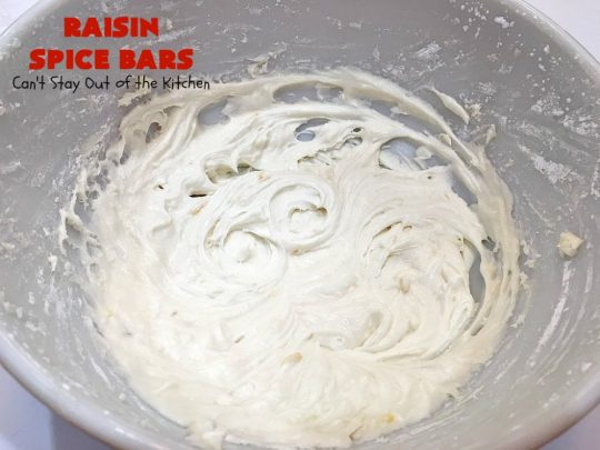 Raisin Spice Bars | Can't Stay Out of the Kitchen | these luscious #cookies are filled with #raisins & #pecans. Terrific #dessert any time of the year. They have a rich, #lemon buttercream icing. #brownie #RaisinSpiceBars #Tailgating #Holiday #HolidayDessert #ChristmasCookieExchange #SpiceCookies #RaisinCookies