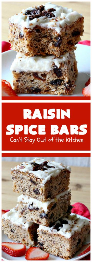 Raisin Spice Bars | Can't Stay Out of the Kitchen | these luscious #cookies are filled with #raisins & #pecans. Terrific #dessert any time of the year. They have a rich, #lemon buttercream icing. #brownie #RaisinSpiceBars #Tailgating #Holiday #HolidayDessert #ChristmasCookieExchange #SpiceCookies #RaisinCookies