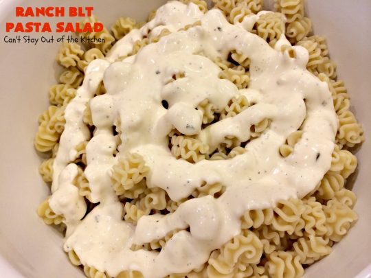 Ranch BLT Pasta Salad | Can't Stay Out of the Kitchen | awesome #pasta #salad with #ranchdressing. I used #turkey #bacon. Great for summer #holidays, potlucks or backyard #BBQs.