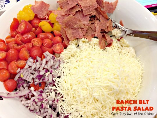 Ranch BLT Pasta Salad | Can't Stay Out of the Kitchen | awesome #pasta #salad with #ranchdressing. I used #turkey #bacon. Great for summer #holidays, potlucks or backyard #BBQs.