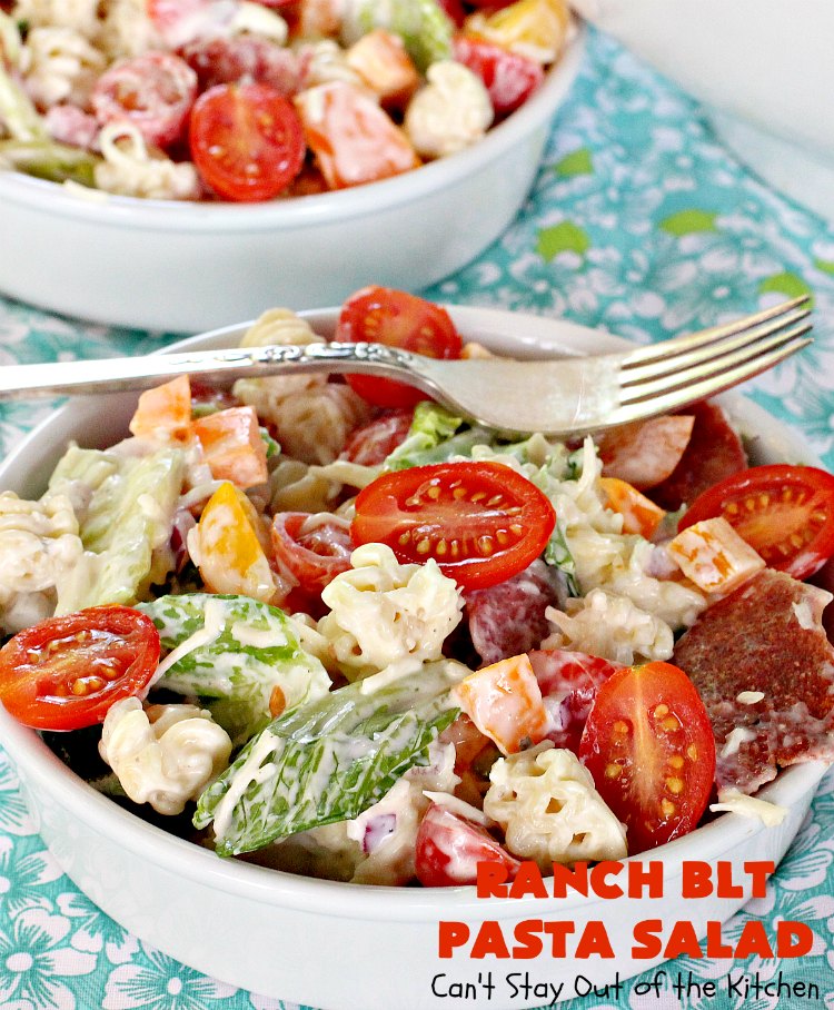 Ranch BLT Pasta Salad | Can't Stay Out of the Kitchen | awesome #pasta #salad with #ranchdressing. I used #turkey #bacon. Great for summer #holidays, potlucks or backyard #BBQs.