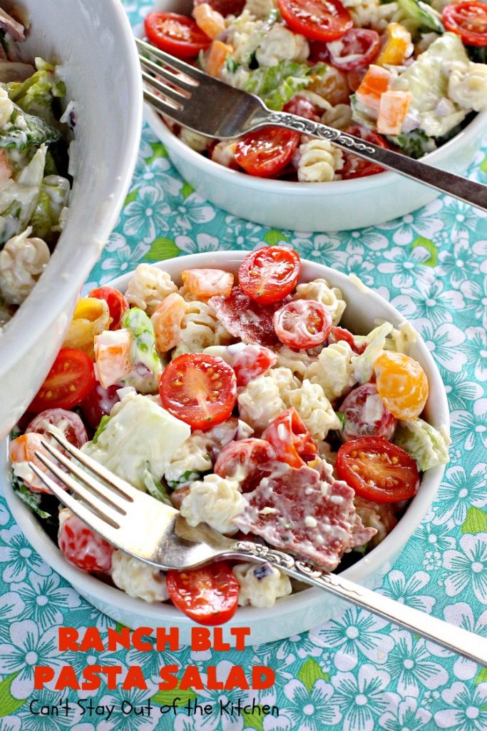 Ranch BLT Pasta Salad | Can't Stay Out of the Kitchen | awesome #pasta #salad with #ranchdressing. I used #turkey #bacon. Great for summer #holidays, potlucks or backyard #BBQs.