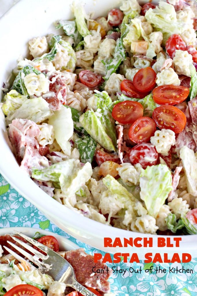 Ranch BLT Pasta Salad | Can't Stay Out of the Kitchen | awesome #pasta #salad with #ranchdressing. I used #turkey #bacon. Great for summer #holidays, potlucks or backyard #BBQs.