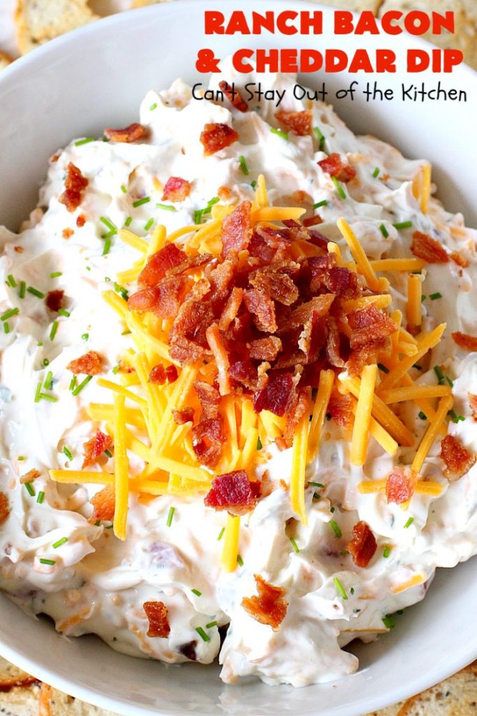 Ranch Bacon and Cheddar Dip | Can't Stay Out of the Kitchen | this is a fantastic 4-ingredient #recipe that will knock your socks off! Dry #RanchDressingMix adds so much flavor. #Bacon & #CheddarCheese make everything better! Terrific for #Tailgating parties, potlucks or backyard BBQs. #appetizer #TailgatingAppetizer #GlutenFree #GlutenFreeAppetizer #EasyAppetizer #4IngredientAppetizer