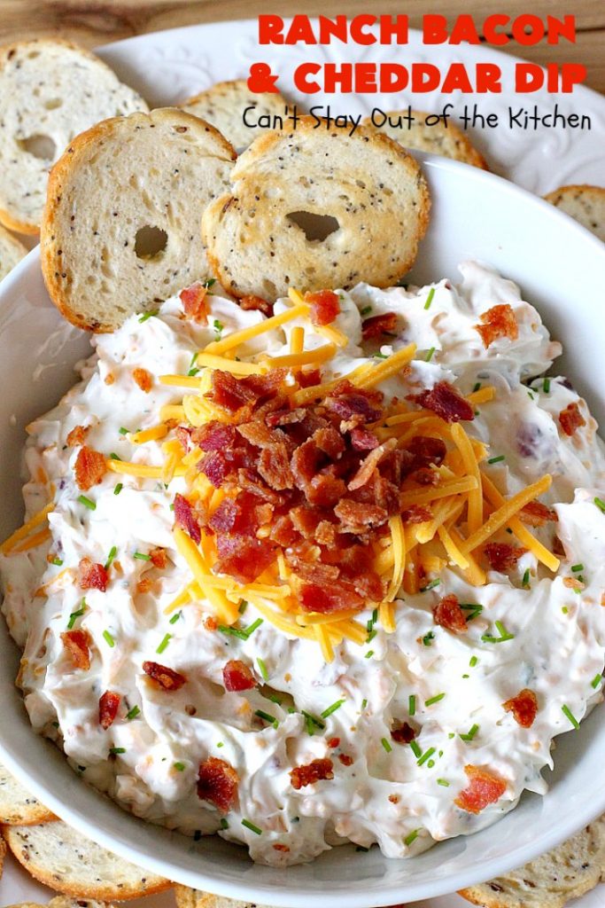 Ranch Bacon and Cheddar Dip | Can't Stay Out of the Kitchen | this is a fantastic 4-ingredient #recipe that will knock your socks off! Dry #RanchDressingMix adds so much flavor. #Bacon & #CheddarCheese make everything better! Terrific for #Tailgating parties, potlucks or backyard BBQs. #appetizer #TailgatingAppetizer #GlutenFree #GlutenFreeAppetizer #EasyAppetizer #4IngredientAppetizer