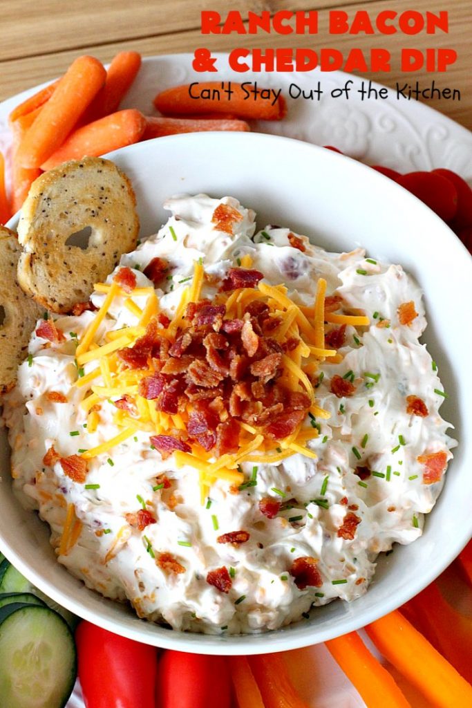 Ranch Bacon and Cheddar Dip | Can't Stay Out of the Kitchen | this is a fantastic 4-ingredient #recipe that will knock your socks off! Dry #RanchDressingMix adds so much flavor. #Bacon & #CheddarCheese make everything better! Terrific for #Tailgating parties, potlucks or backyard BBQs. #appetizer #TailgatingAppetizer #GlutenFree #GlutenFreeAppetizer #EasyAppetizer #4IngredientAppetizer