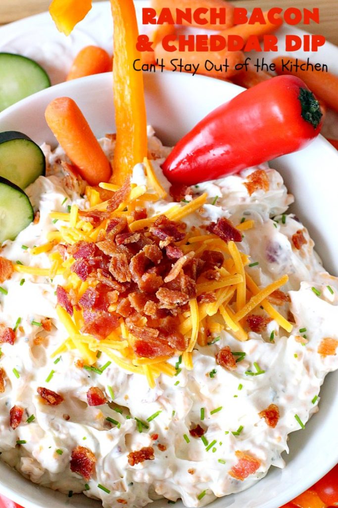 Ranch Bacon and Cheddar Dip | Can't Stay Out of the Kitchen | this is a fantastic 4-ingredient #recipe that will knock your socks off! Dry #RanchDressingMix adds so much flavor. #Bacon & #CheddarCheese make everything better! Terrific for #Tailgating parties, potlucks or backyard BBQs. #appetizer #TailgatingAppetizer #GlutenFree #GlutenFreeAppetizer #EasyAppetizer #4IngredientAppetizer