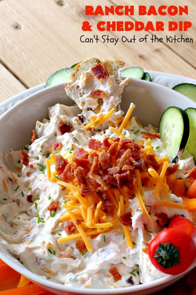 Ranch Bacon and Cheddar Dip | Can't Stay Out of the Kitchen | this is a fantastic 4-ingredient #recipe that will knock your socks off! Dry #RanchDressingMix adds so much flavor. #Bacon & #CheddarCheese make everything better! Terrific for #Tailgating parties, potlucks or backyard BBQs. #appetizer #TailgatingAppetizer #GlutenFree #GlutenFreeAppetizer #EasyAppetizer #4IngredientAppetizer