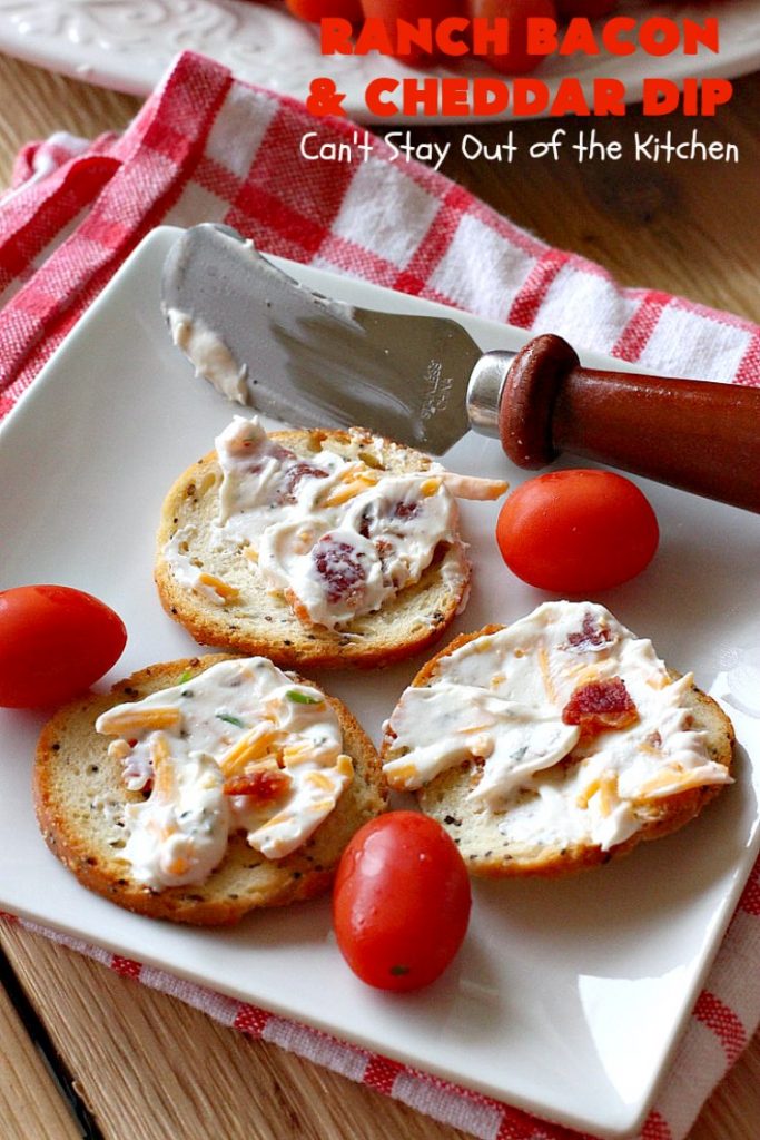 Ranch Bacon and Cheddar Dip | Can't Stay Out of the Kitchen | this is a fantastic 4-ingredient #recipe that will knock your socks off! Dry #RanchDressingMix adds so much flavor. #Bacon & #CheddarCheese make everything better! Terrific for #Tailgating parties, potlucks or backyard BBQs. #appetizer #TailgatingAppetizer #GlutenFree #GlutenFreeAppetizer #EasyAppetizer #4IngredientAppetizer