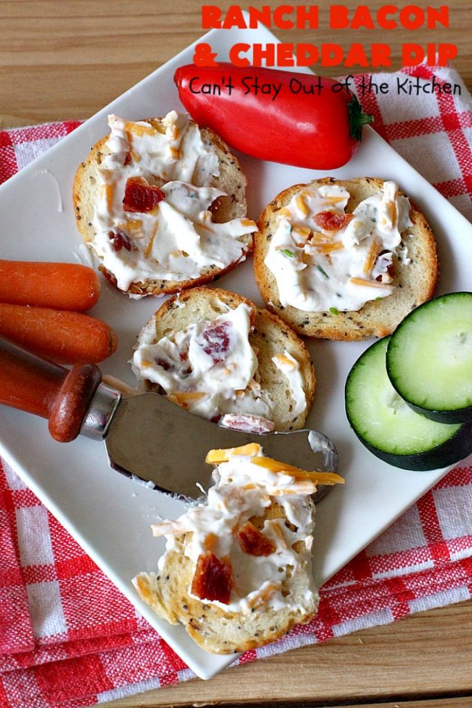 Ranch Bacon and Cheddar Dip | Can't Stay Out of the Kitchen | this is a fantastic 4-ingredient #recipe that will knock your socks off! Dry #RanchDressingMix adds so much flavor. #Bacon & #CheddarCheese make everything better! Terrific for #Tailgating parties, potlucks or backyard BBQs. #appetizer #TailgatingAppetizer #GlutenFree #GlutenFreeAppetizer #EasyAppetizer #4IngredientAppetizer