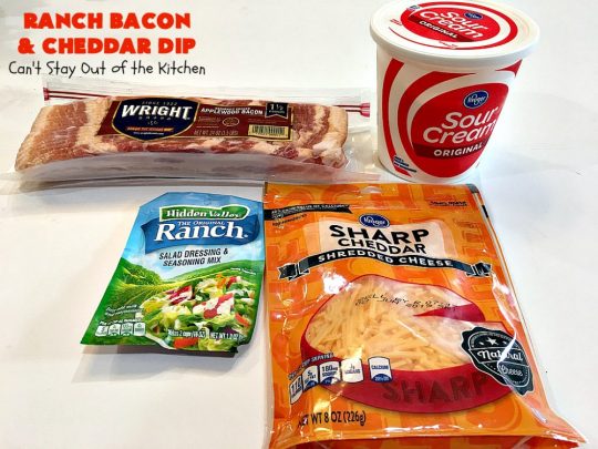 Ranch Bacon and Cheddar Dip | Can't Stay Out of the Kitchen | this is a fantastic 4-ingredient #recipe that will knock your socks off! Dry #RanchDressingMix adds so much flavor. #Bacon & #CheddarCheese make everything better! Terrific for #Tailgating parties, potlucks or backyard BBQs. #appetizer #TailgatingAppetizer #GlutenFree #GlutenFreeAppetizer #EasyAppetizer #4IngredientAppetizer