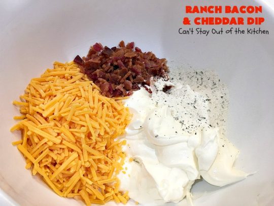 Ranch Bacon and Cheddar Dip | Can't Stay Out of the Kitchen | this is a fantastic 4-ingredient #recipe that will knock your socks off! Dry #RanchDressingMix adds so much flavor. #Bacon & #CheddarCheese make everything better! Terrific for #Tailgating parties, potlucks or backyard BBQs. #appetizer #TailgatingAppetizer #GlutenFree #GlutenFreeAppetizer #EasyAppetizer #4IngredientAppetizer
