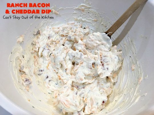 Ranch Bacon and Cheddar Dip | Can't Stay Out of the Kitchen | this is a fantastic 4-ingredient #recipe that will knock your socks off! Dry #RanchDressingMix adds so much flavor. #Bacon & #CheddarCheese make everything better! Terrific for #Tailgating parties, potlucks or backyard BBQs. #appetizer #TailgatingAppetizer #GlutenFree #GlutenFreeAppetizer #EasyAppetizer #4IngredientAppetizer