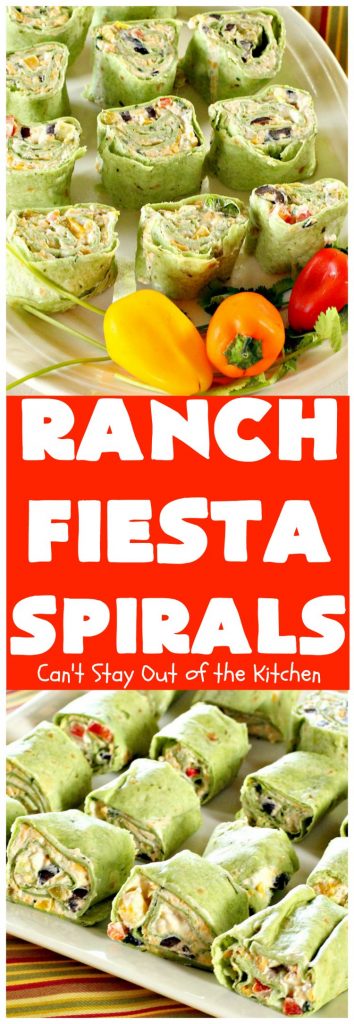 Ranch Fiesta Spirals | Can't Stay Out of the Kitchen | these fantastic #TexMex #appetizers are perfect for #tailgating, #NewYearsEve or #SuperBowl parties. They're filled with green #chilies, #olives, #cheese & bell peppers in a delicious #Ranch dressing cream cheese mix.