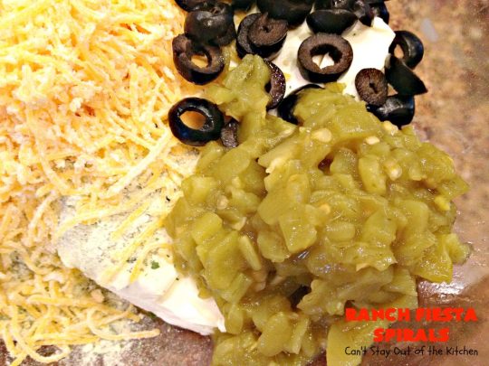Ranch Fiesta Spirals | Can't Stay Out of the Kitchen | these fantastic #TexMex #appetizers are perfect for #tailgating, #NewYearsEve or #SuperBowl parties. They're filled with green #chilies, #olives, #cheese & bell peppers in a delicious #Ranch dressing cream cheese mix.