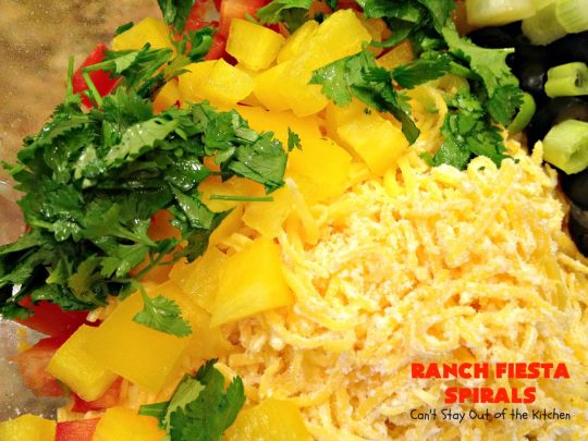 Ranch Fiesta Spirals | Can't Stay Out of the Kitchen | these fantastic #TexMex #appetizers are perfect for #tailgating, #NewYearsEve or #SuperBowl parties. They're filled with green #chilies, #olives, #cheese & bell peppers in a delicious #Ranch dressing cream cheese mix.