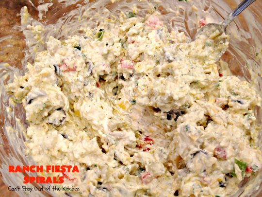 Ranch Fiesta Spirals | Can't Stay Out of the Kitchen | these fantastic #TexMex #appetizers are perfect for #tailgating, #NewYearsEve or #SuperBowl parties. They're filled with green #chilies, #olives, #cheese & bell peppers in a delicious #Ranch dressing cream cheese mix.