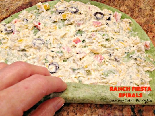 Ranch Fiesta Spirals | Can't Stay Out of the Kitchen | these fantastic #TexMex #appetizers are perfect for #tailgating, #NewYearsEve or #SuperBowl parties. They're filled with green #chilies, #olives, #cheese & bell peppers in a delicious #Ranch dressing cream cheese mix.