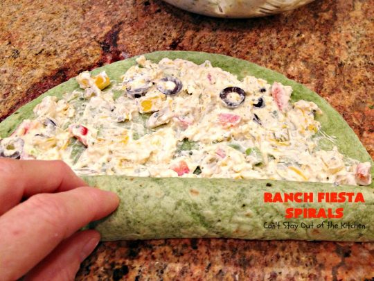 Ranch Fiesta Spirals | Can't Stay Out of the Kitchen | these fantastic #TexMex #appetizers are perfect for #tailgating, #NewYearsEve or #SuperBowl parties. They're filled with green #chilies, #olives, #cheese & bell peppers in a delicious #Ranch dressing cream cheese mix.
