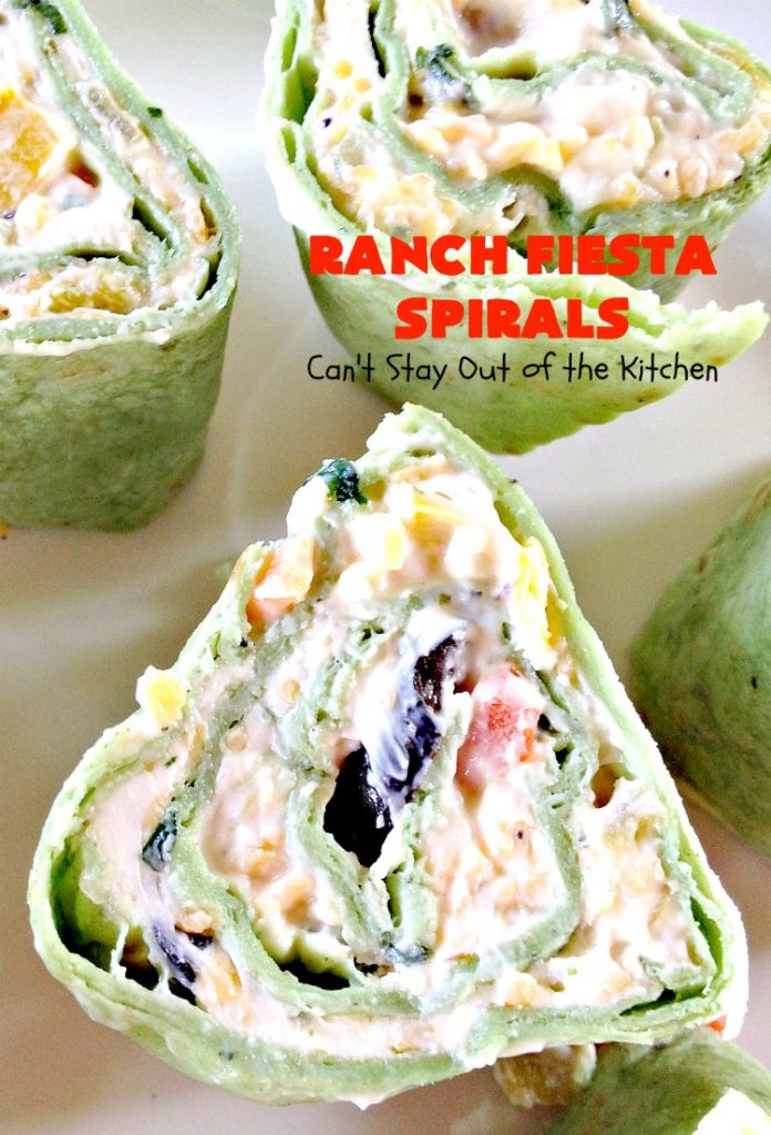 Ranch Fiesta Spirals | Can't Stay Out of the Kitchen | these fantastic #TexMex #appetizers are perfect for #tailgating, #NewYearsEve or #SuperBowl parties. They're filled with green #chilies, #olives, #cheese & bell peppers in a delicious #Ranch dressing cream cheese mix.