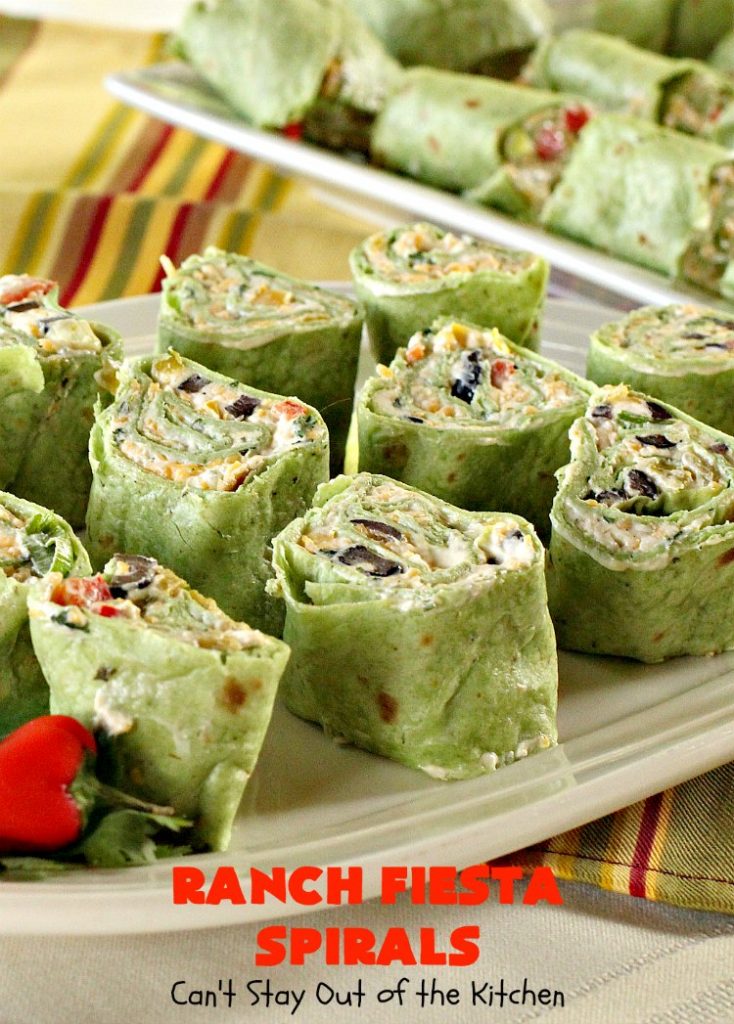 Ranch Fiesta Spirals | Can't Stay Out of the Kitchen | these fantastic #TexMex #appetizers are perfect for #tailgating, #NewYearsEve or #SuperBowl parties. They're filled with green #chilies, #olives, #cheese & bell peppers in a delicious #Ranch dressing cream cheese mix.