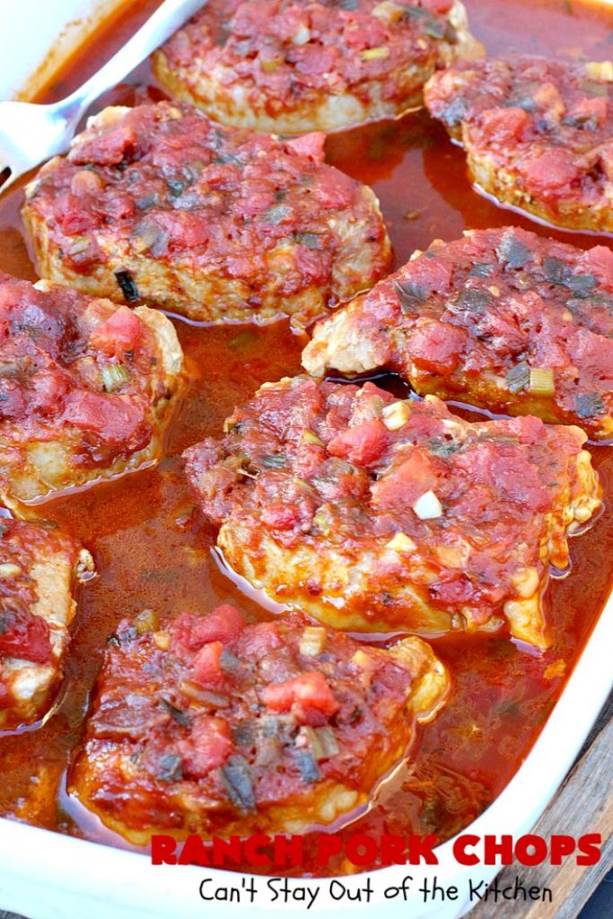 Ranch Pork Chops | These fantastic #PorkChops are made with #ChiliSauce, #RanchDressingMix, #tomatoes with green #chilies, green onions & garlic. They are absolutely mouthwatering & a terrific #pork entree for family or company dinners. #RanchPorkChops