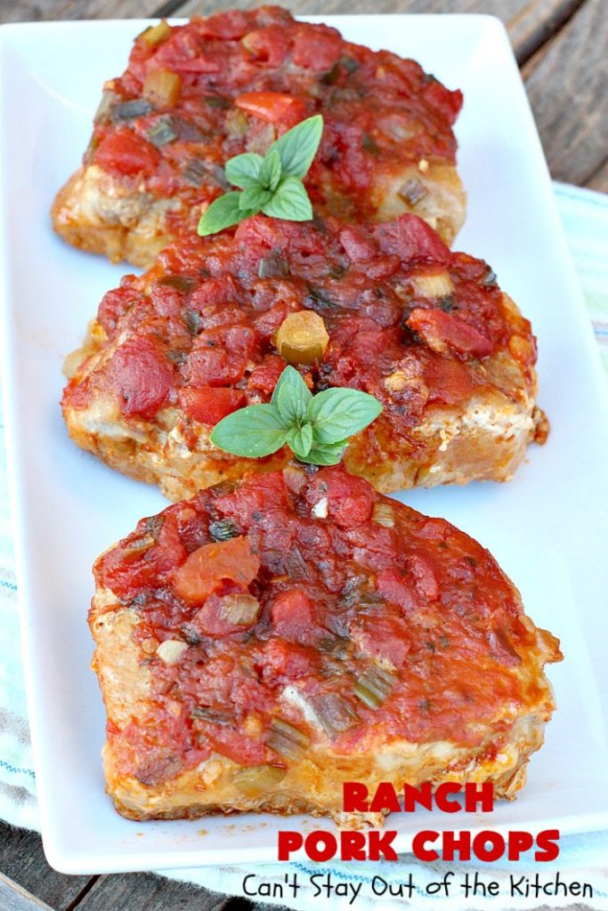 Ranch Pork Chops | These fantastic #PorkChops are made with #ChiliSauce, #RanchDressingMix, #tomatoes with green #chilies, green onions & garlic. They are absolutely mouthwatering & a terrific #pork entree for family or company dinners. #RanchPorkChops